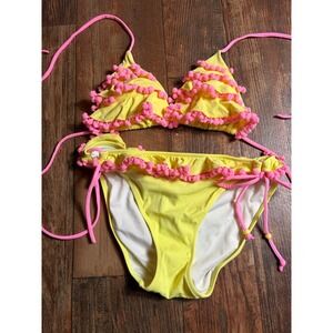 Victoria's Secret Swimsuit Bikini Set Neon Pink Pom Ruffle Medium